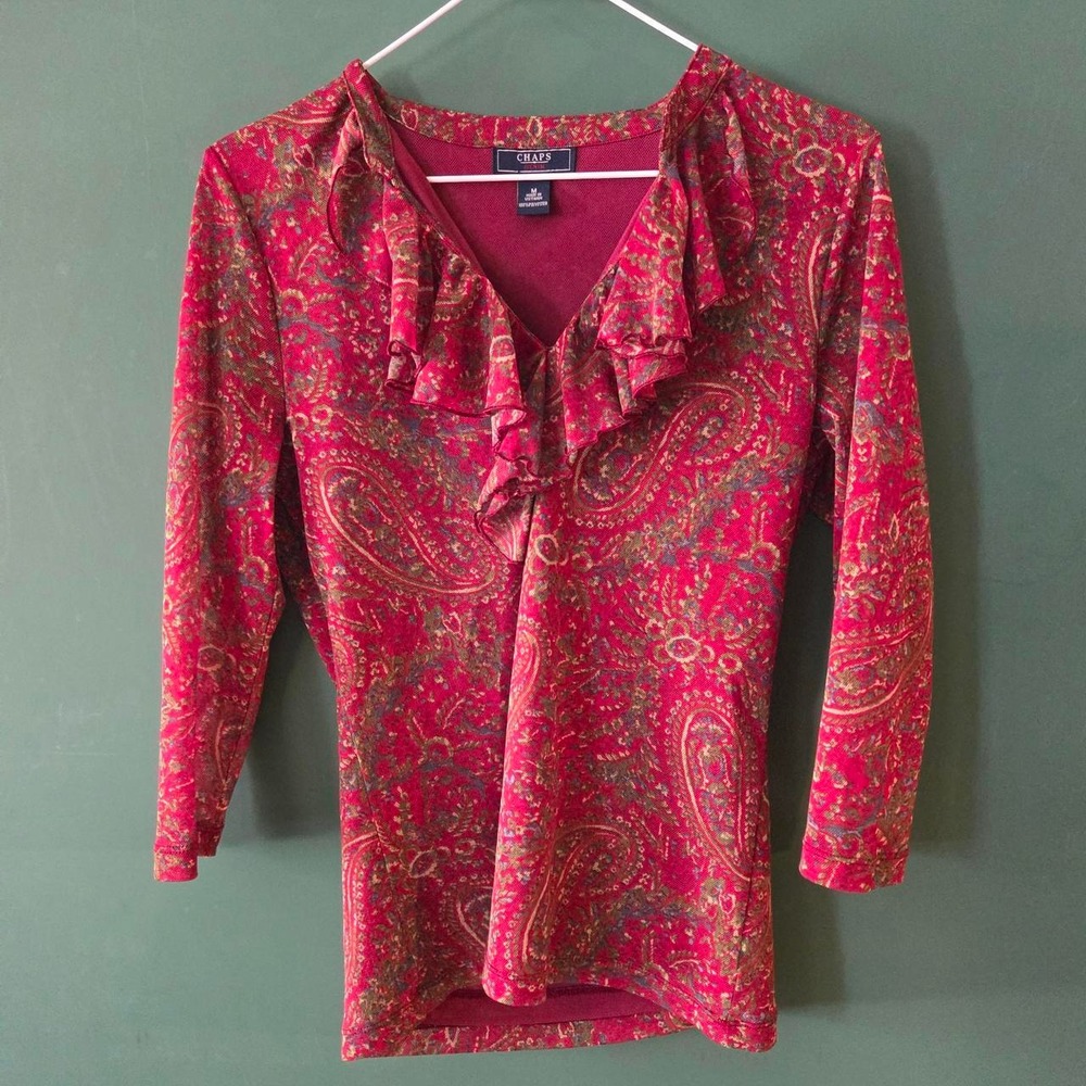 Chaps Denim Pink Paisley Ruffle Neck 3/4 Sleeve Blouse Medium